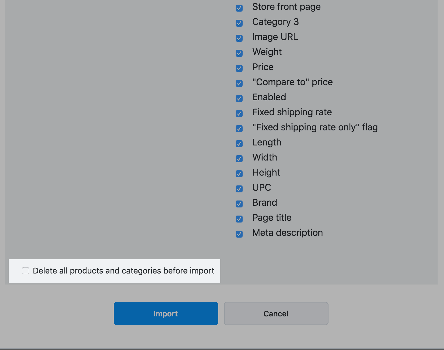 option Delete all products and categories before import